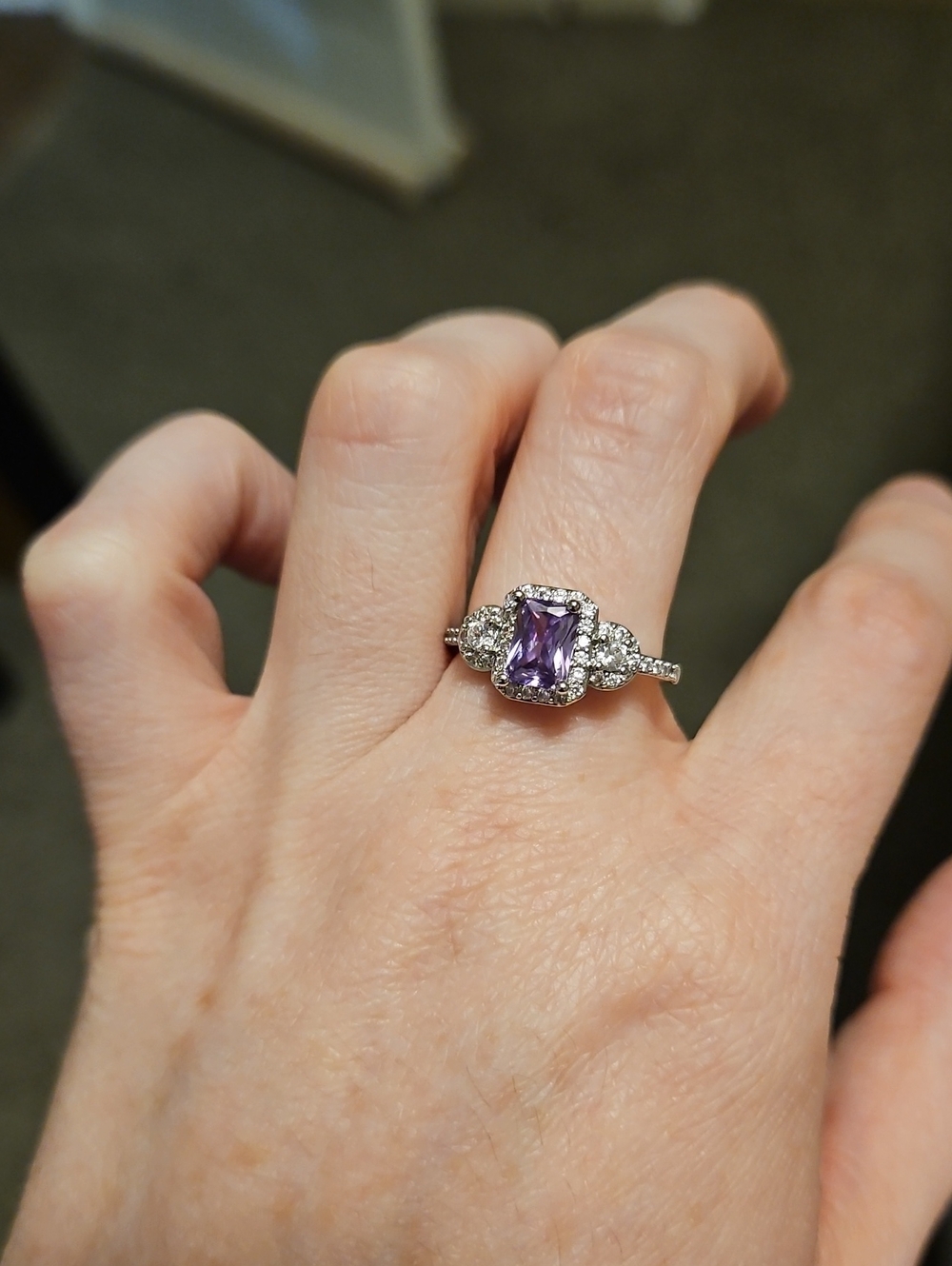 Purple Gem Halo Ring in Silver-Tone